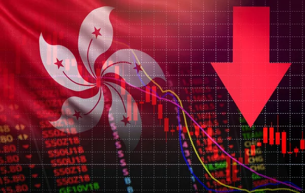 hong kong stock exchange crisis red price arrow down chart fall / hangseng stock exchange market analysis forex graph business money crisis moving down inflation deflation with flag of hong kong