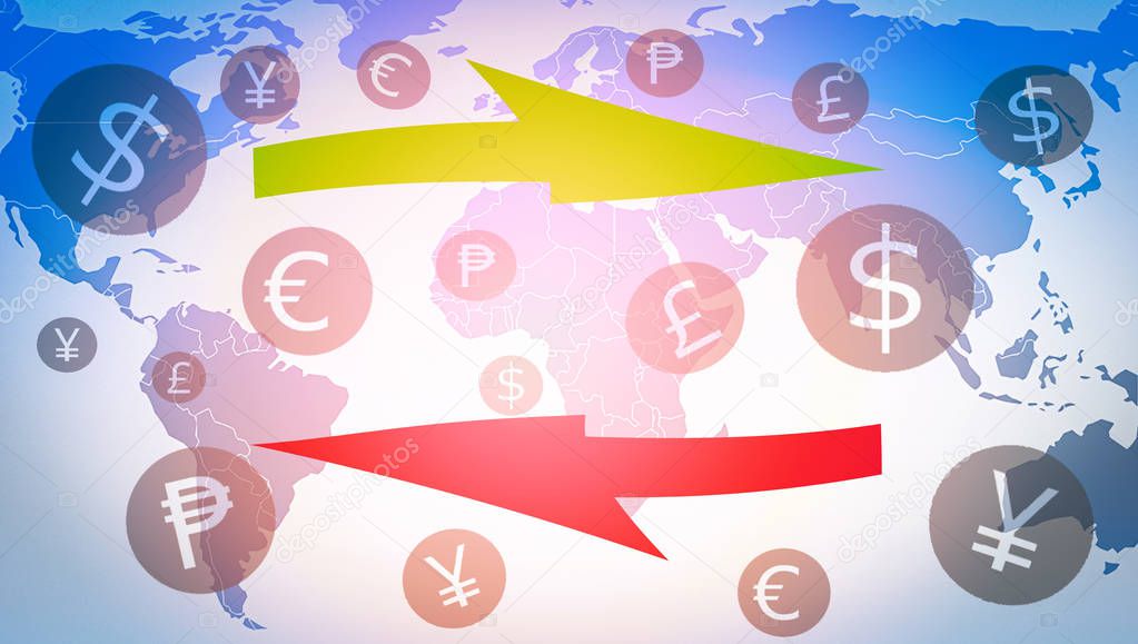 money transfer exchange market forex global currency with currencies symbols financial on world map background 