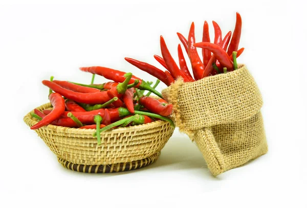 Färsk Chilipeppar Isolerade Röda Chilifrukter Skörda Från Gården Säck Chili — Stockfoto