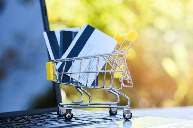 Kredi kartı ve online alışveriş kavramı / alışveriş sepeti alışveriş elektronik kart klavye dizüstü doğa arka plan üzerinde online ödeme için kredi ve banka kartı ile dizüstü kolay ödeme kullanma 