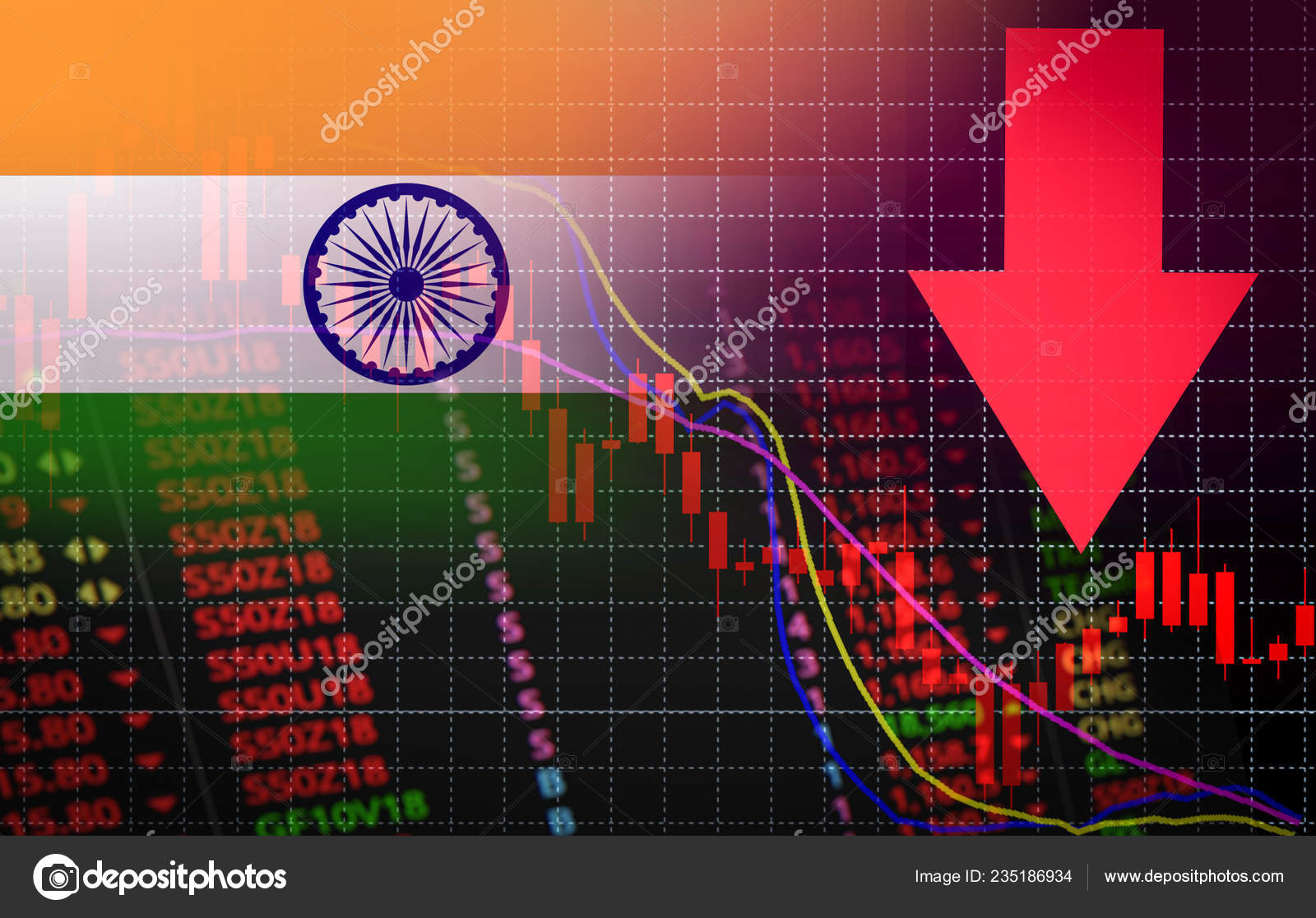 印度孟买证券交易所市场危机红色市场价格下跌图表下跌股票分析或外汇图表商业和金融货币危机背景下红色负下降销售经济下跌——图库图片©