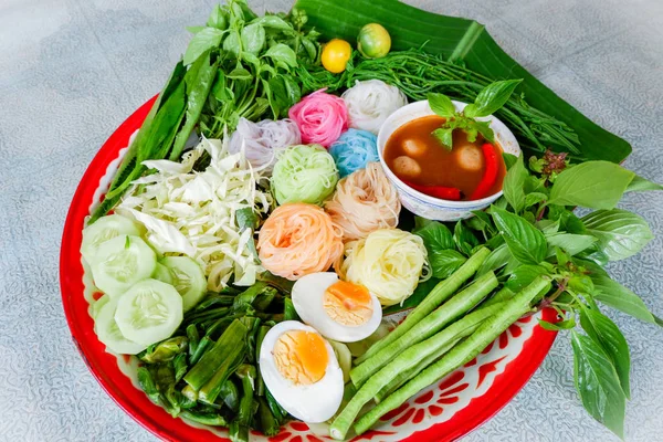 Thai Rice Noodle Colorful Rice Vermicelli Noodle Fish Curry Soup — Stock Photo, Image