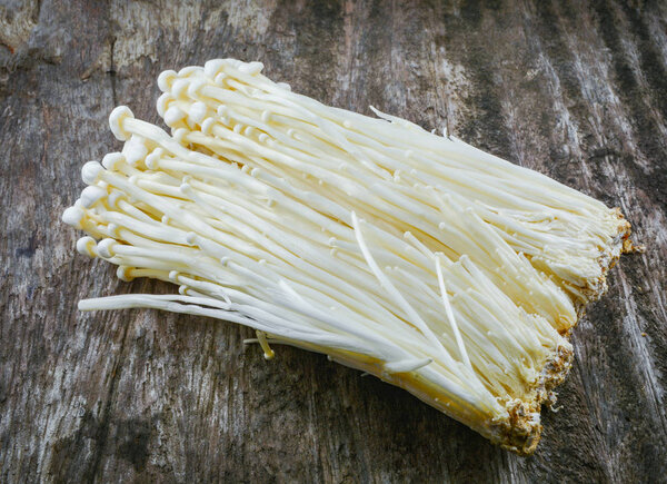 Golden Needle Mushroom - Enoki / Fresh golden needle mushroom from the farm on wooden background