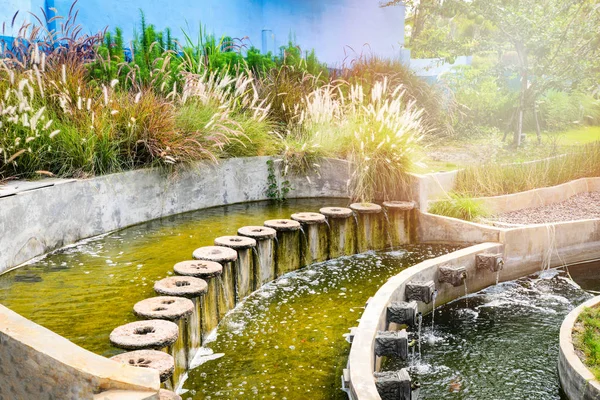 pond Water in the garden / Beautiful classic round design for fish pond garden with fountain water flow for oxygen nature pond