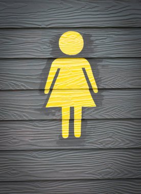 Kadınlar tuvalet işareti duvar kapı ahşap banyo Bayanlar tuvaleti tabelada sarı 