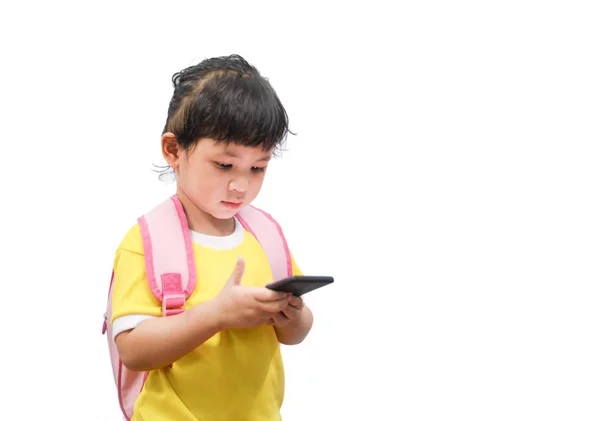 Kinderen Spelen Smartphone Kind Meisje Greep Telefoon Hand Kijken Naar — Stockfoto