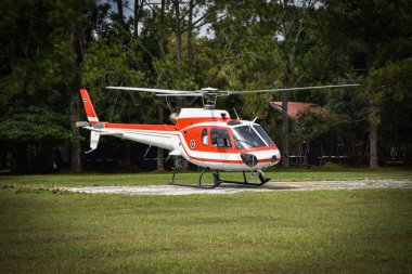 orman alanı üzerinde aşağı uçan helikopter / beyaz kırmızı sinek helikopter kurtarma
