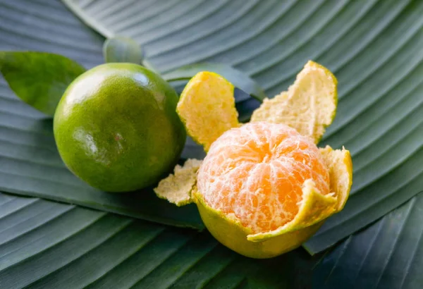 Fresh Orange / peeled orange fruit harvest from the garden on banana leaf background - Green orange asia tropical fruit