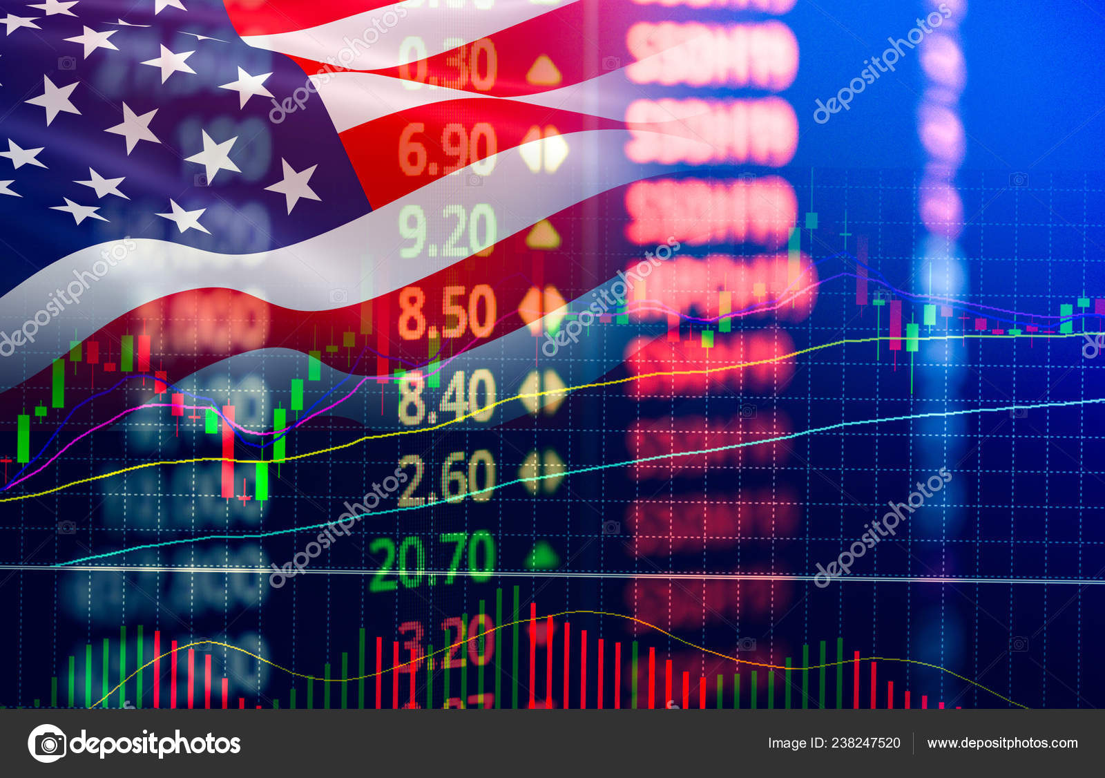 美国股市交易所纽约股市分析外汇指标变化图表业务增长金融货币危机经济和美元交易图表与美国标志——图库图片© poringdown@gmail.com  #238247520