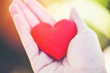 Küçük kırmızı kalp aşk Sevgililer günü için elinde tutan adam seviyorum vermek / bağış yardım vermek aşk sıcaklık kavramı dikkat çekmek 