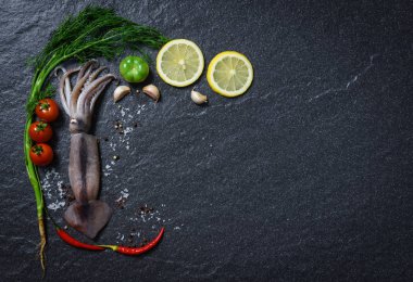 Deniz ürünleri taze kalamar ham okyanus gurme yemeği otlar ve baharatlar ile limon domates biber sarımsak ve koyu arka plan üzerine dereotu ile 
