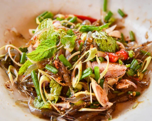 Comida Ensalada Picante Tailandesa Camarones Crudos Vivos Con Hierbas Especias — Foto de Stock
