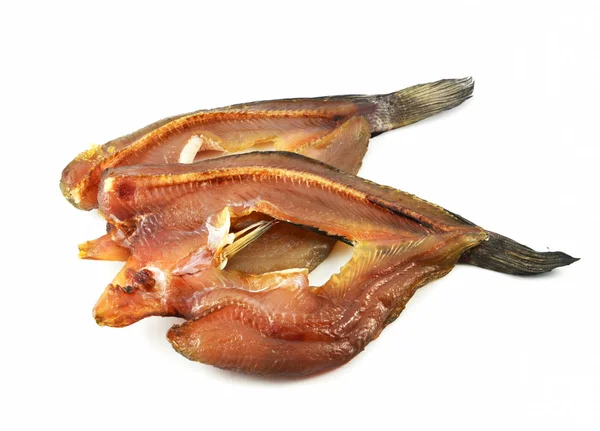 Secco Strisce Pesce Testa Serpente Sole Essiccato Isolato Fondo Bianco — Foto Stock