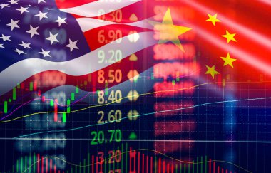 Ticaret savaş ekonomisi ABD Amerika ve Çin bayrağı şamdan grafiği Borsa Döviz analiz / göstergesi grafik grafik iş finans para yatırım monitörde ticaret 