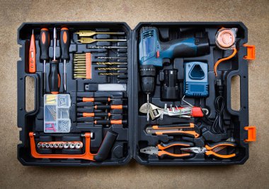 Usta aracı modern / koleksiyon küme marangozluk aletleri Çalışma ağaç veya işçilik ve diğer el aracı için kutu atölye üstten görünüm 