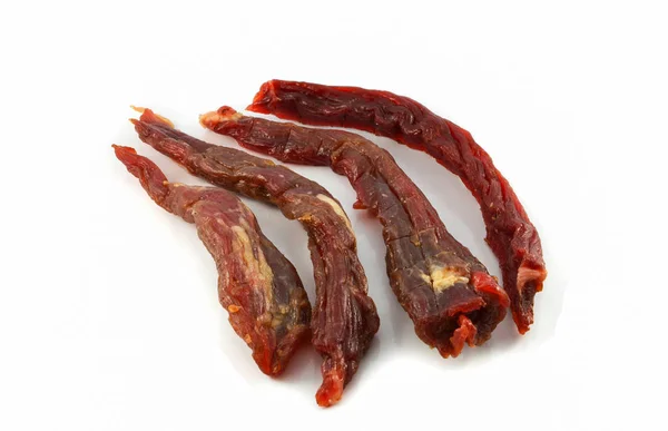 Long Sliced Dried Meat Beef Jerky Isolated White White Background — Stock Photo, Image