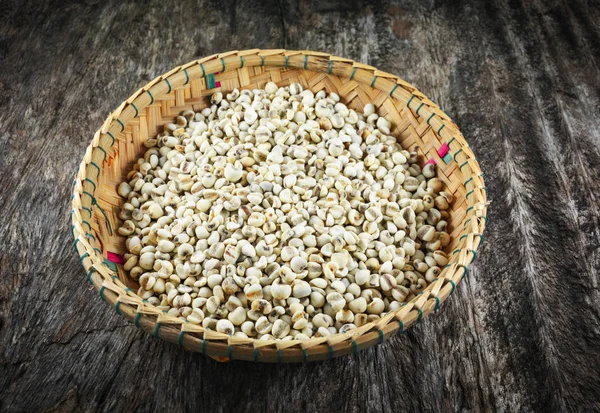 Job Tears Coix Lachryma Jobi Grain Seeds Bamboo Basket Rustic — Stock Photo, Image