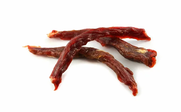 Long Sliced Dried Meat Beef Jerky Isolated White Background — Stock Photo, Image