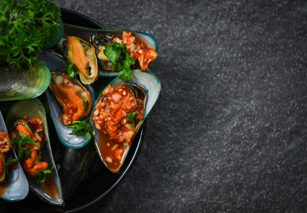 Mussel Cooking Pan Seafood Plate Shellfish Green Mussels Shell Ocean — Stock Photo, Image