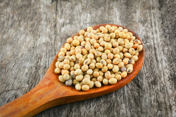 Soybeans Soya Beans Grain Seed Wooden Spoon Rustic Wood Background — Stock Photo, Image