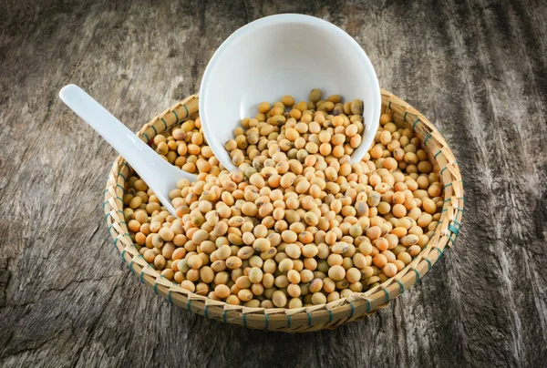 Soybeans Soya Beans Grain Seed Bamboo Basket White Cup Spoon — Stock Photo, Image