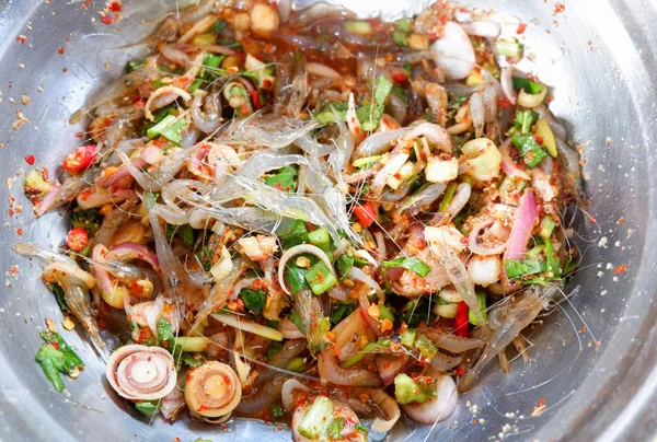 Petites Crevettes Épicées Eau Douce Nourriture Thaï Salade Épicée Crevettes — Photo