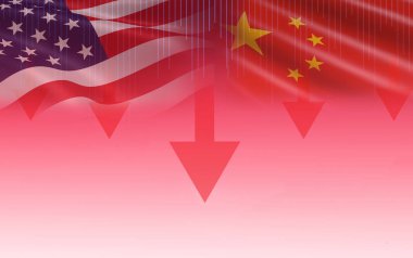 Ticaret savaş ekonomisi ABD Amerika ve Çin bayrağı şamdan grafiği borsa Döviz analiz / grafik grafik iş Finans para yatırım hisse senedi kriz kırmızı fiyat ok Trading