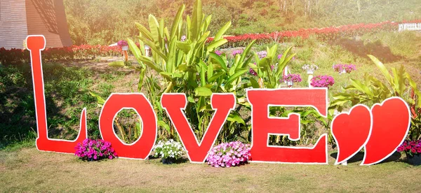 Texto AMOR sinal rótulo no jardim do amor para o pano de fundo tirar fotos — Fotografia de Stock
