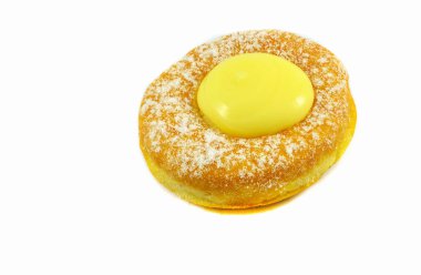 Donuts beyaz şeker ve reçel vanilya krem jöle ile yakın çekim 