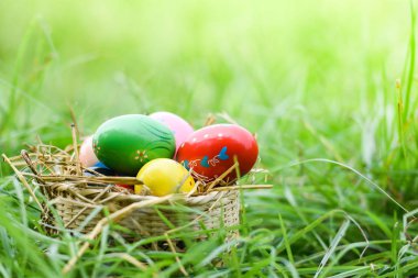 Yeşil çimenlerin üzerinde açık Paskalya yortusu yumurta avlamak