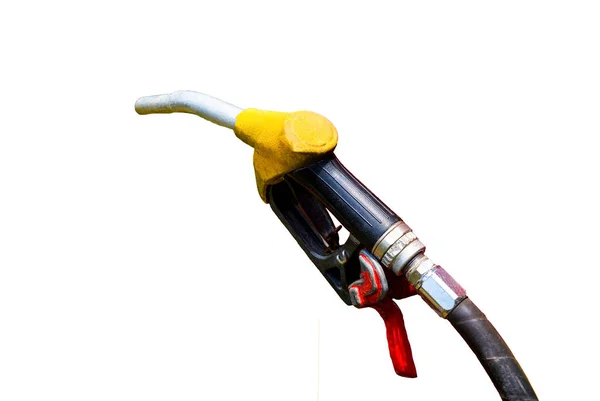 Old pump filling gun fuel nozzle to refuel in gas station isolat — Stock Photo, Image