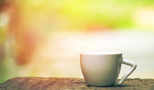 Yaz doğa yeşil ve bağırma ile eski ahşap üzerine seramik kahve fincanı — Stok fotoğraf