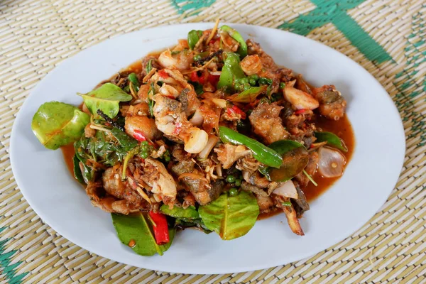 Fried Spicy Frog with herb and spices on plate - Stir fried frog — Stock Photo, Image