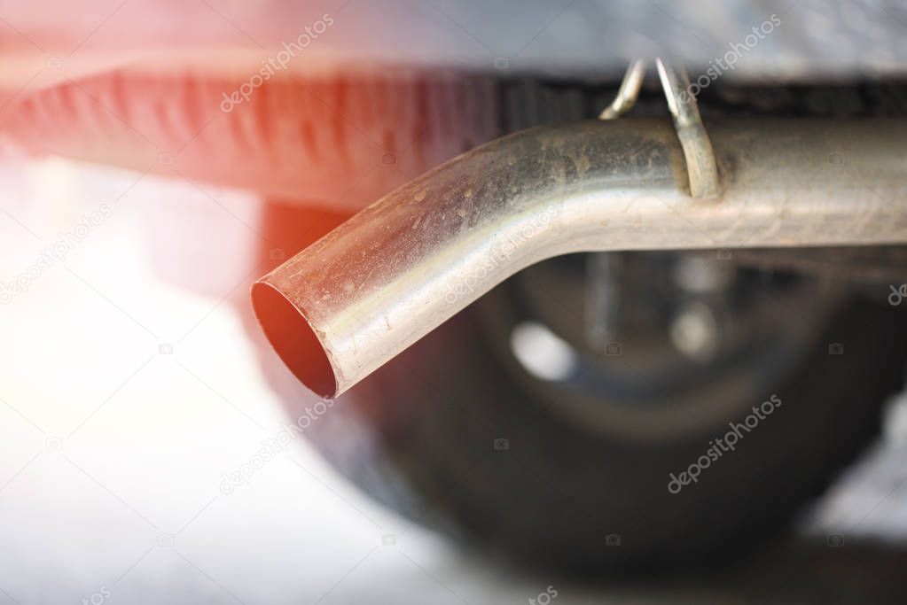 Exhaust pipe on pickup truck car close up / Car pollution concep