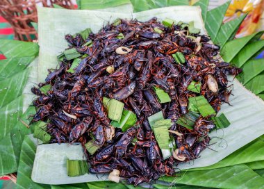 Muz yaprağı arka planda pandan ile kızarmış kriket