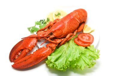 Limon kor ile beyaz tabakta ıstakoz izole deniz ürünleri lezzetli