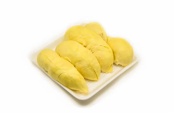 Durian pelado / Fruta tropical de durian fresco en bandeja sobre blanco —  Fotos de Stock