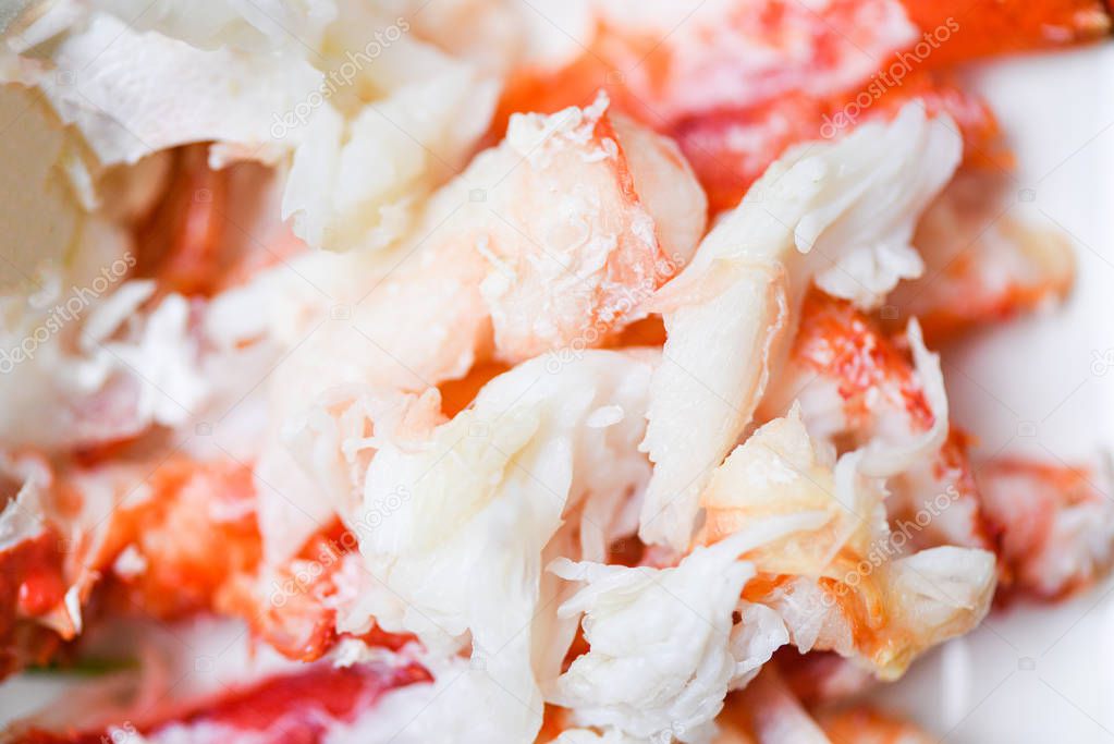 Alaskan crab meat on white plate for cooked seafood - Steamed cr