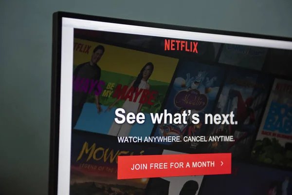 Логотип Netflix на веб-страницах монитора для просмотра услуг развлечения — стоковое фото