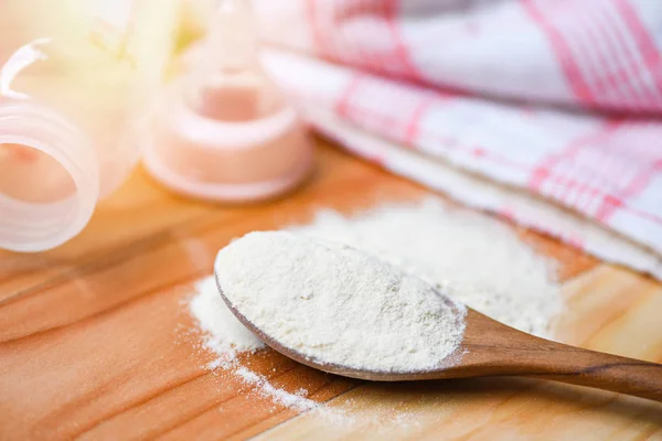 Milk powder spoon with milk bottle baby on wooden table