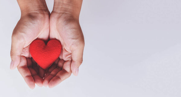 heart on hand for philanthropy / woman holding red heart in hand