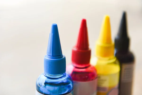 CMYK ink bottle for printer machine - Colorful Ink refill set wi — Stock Photo, Image