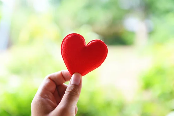 Corazón a mano para el concepto de filantropía - mujer sosteniendo el corazón rojo — Foto de Stock