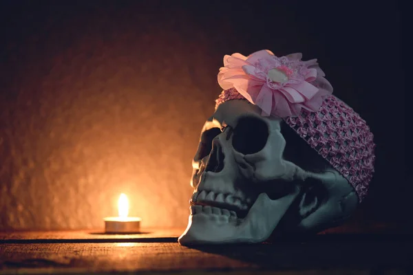 두개골 정물 - 장식 주위에 분홍색 머리띠와 인간의 두개골 — 스톡 사진