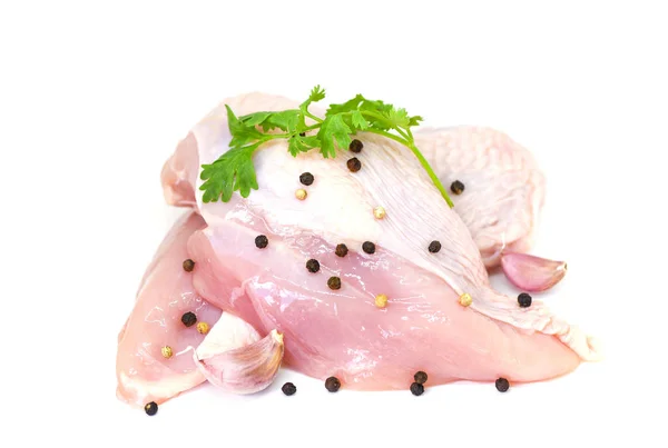 Rohe Hühnerbrust mit Kräutern und Gewürzen isoliert auf weißem Rücken — Stockfoto
