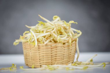 Mung fasulyesi yemek için filizlenir. Fasulye filizleri ahşap bir fincanda yetişir.