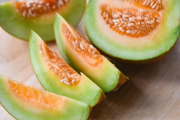 Sliced cantaloupe thai tropical fruit asian on wooden background