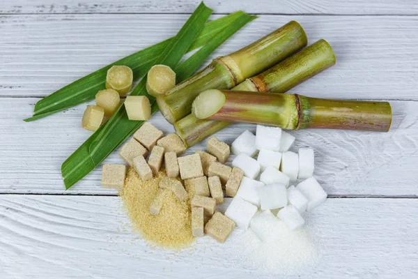 Sugar cane with brown and white sugar cubes on wood background / — Stok fotoğraf