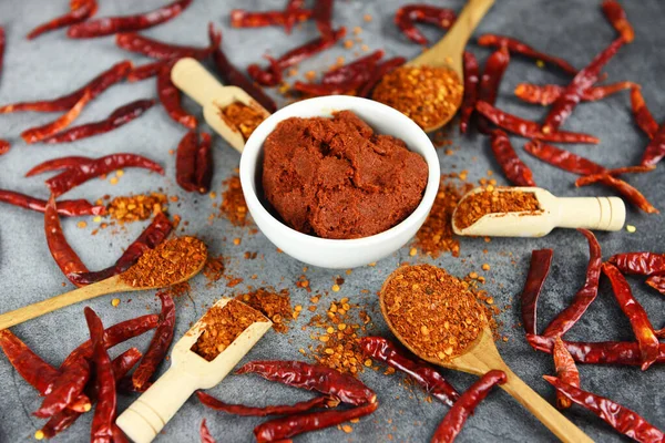 Curry paste cayenne pepper on wooden spoon spices and dried chil — Stock Photo, Image