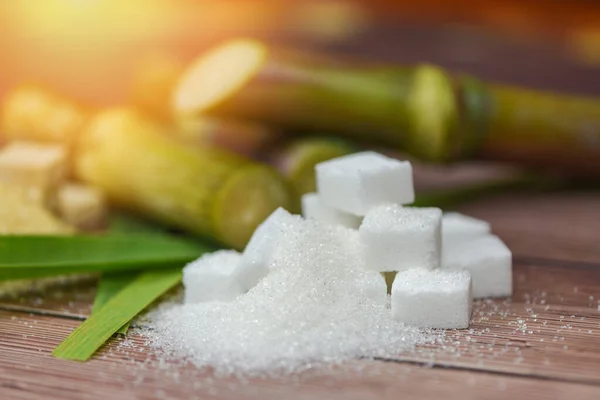 White sugar cubes and sugar cane on wooden table and nature back